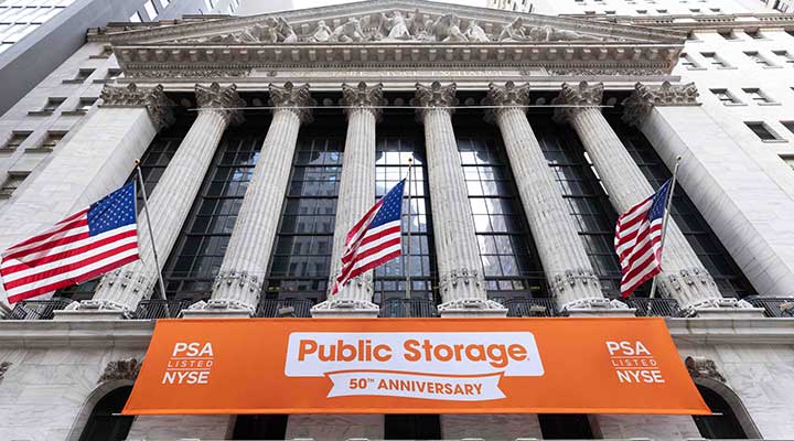 public storage 50th anniversary banner in front of new york stock exchange building